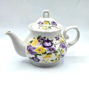 Vintage Teapot Purple and Yellow Flowers Unmarked Cottage Core